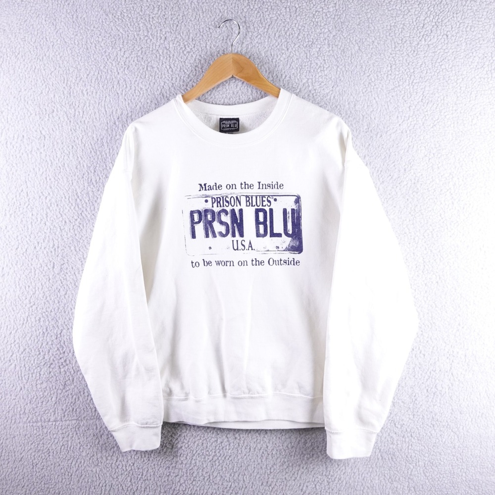 Prison Blues Graphic Sweatshirt Mens Large White Crewneck PRSN BLU USA Gildan